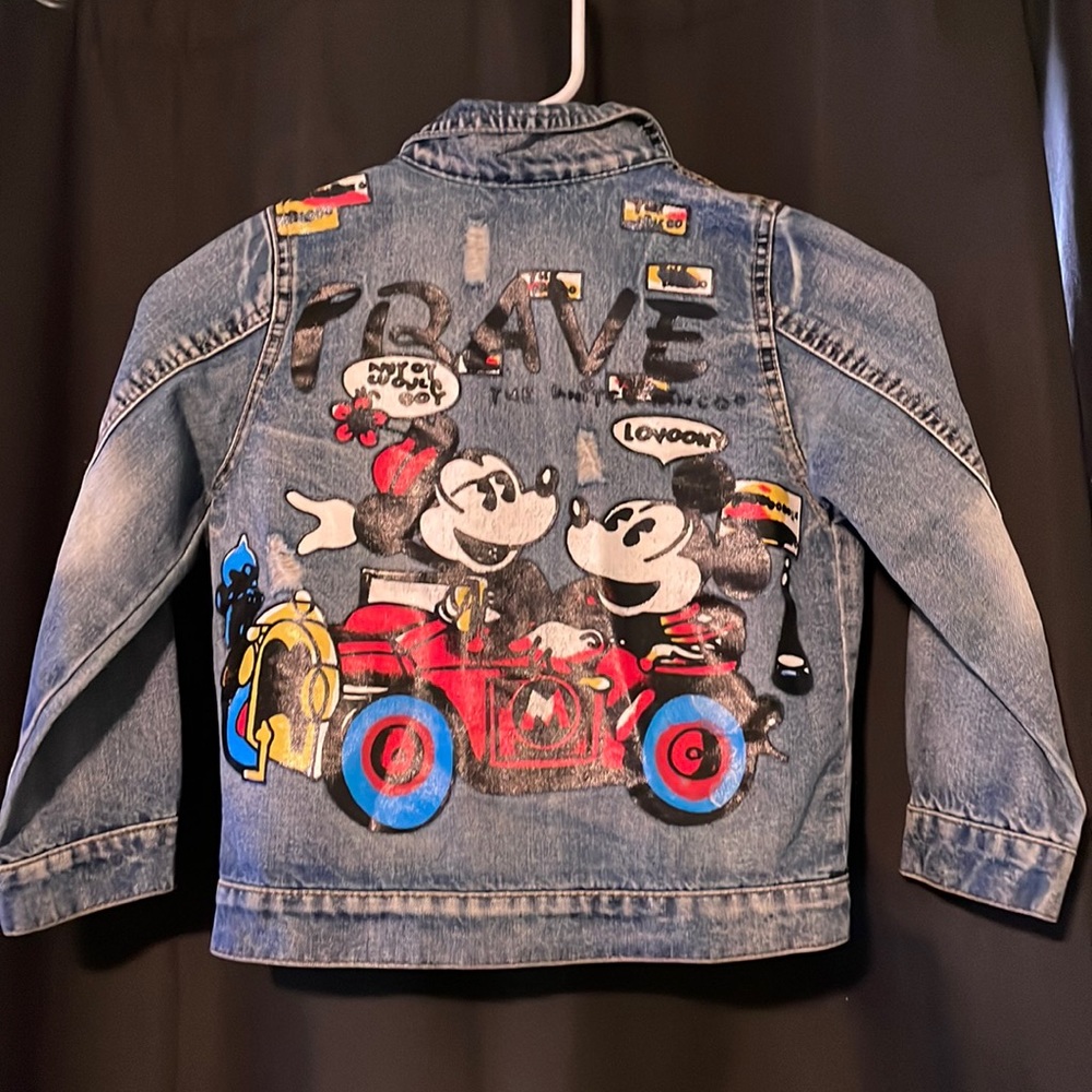 Kids Denim Jean Jacket with Colorful Mickey & Minnie Mouse Print - Blue